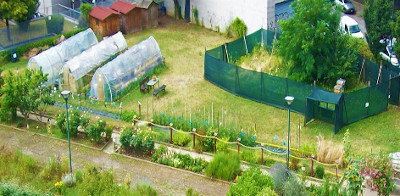 questa foto ripresa dall'alto mostra l'orto Arturo presso i giardini Tonolli a Torino. si vedono le serre, le piante e l'area recintata con gli alveari per le api da cui ricaviamo il nostro miele.